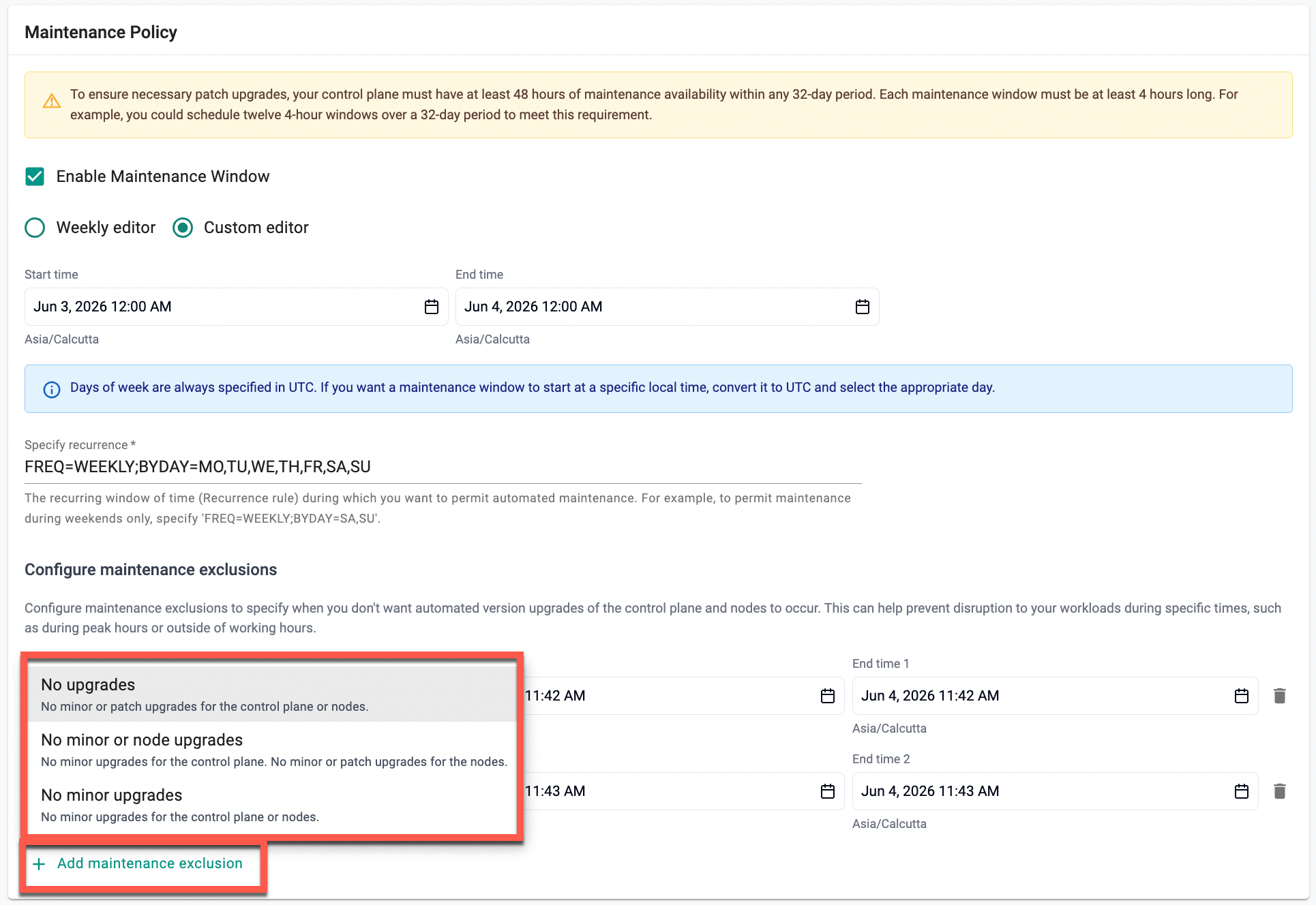 Maintenance Exclude Options