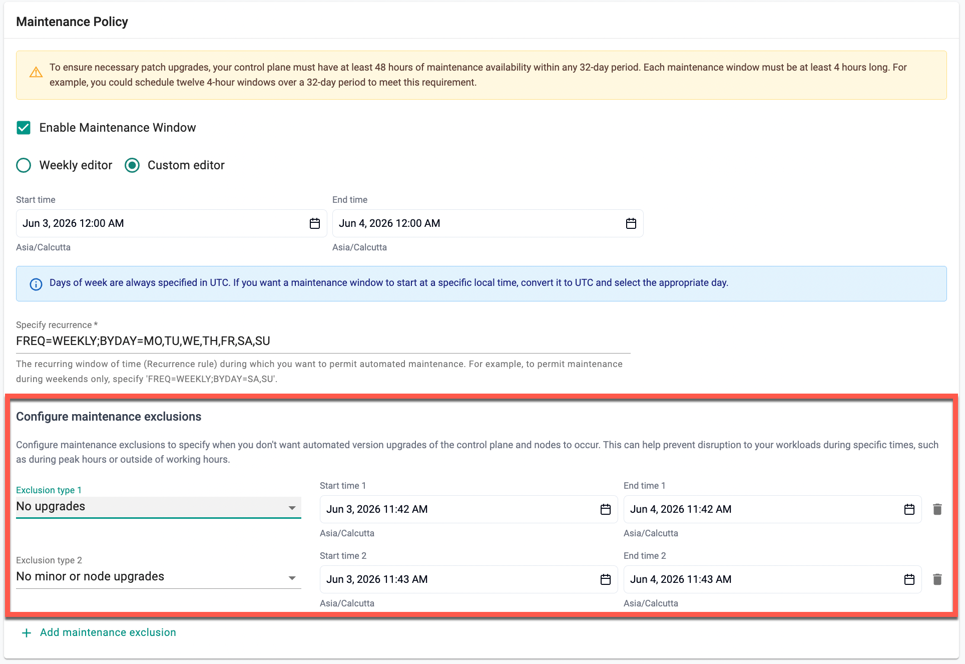 Maintenance Exclusion Settings