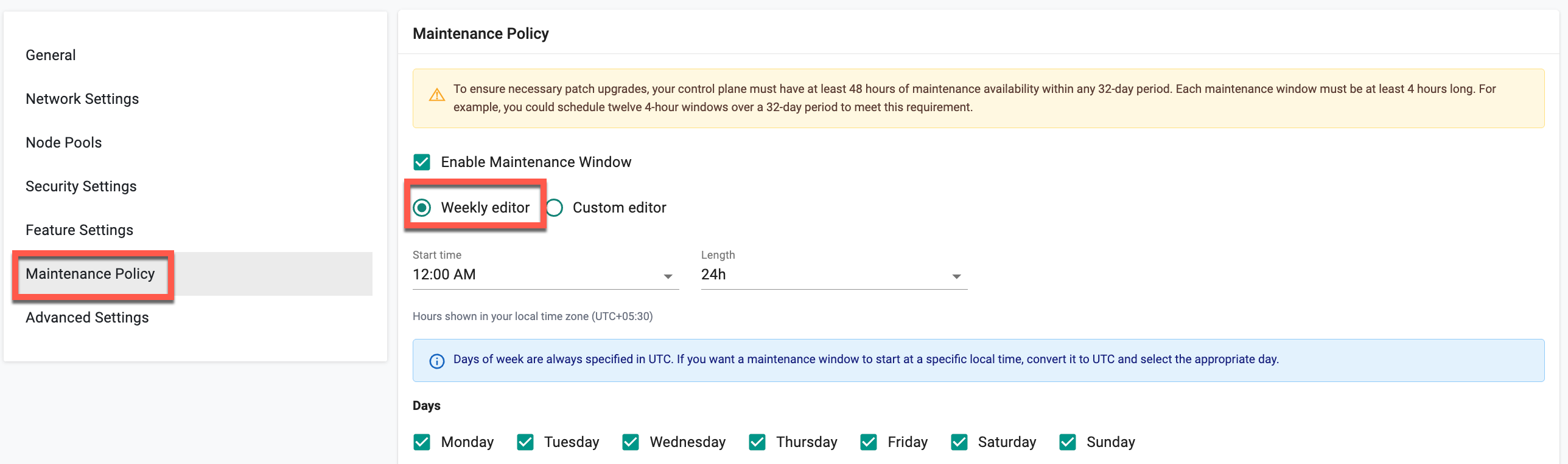 Maintenance Settings